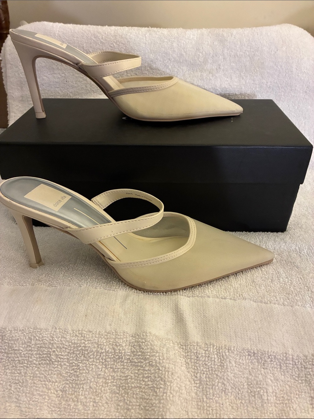 Dolce Vita Kanika Beige Pointed-Toe High Heel Mules crossover asymmetrical strap
